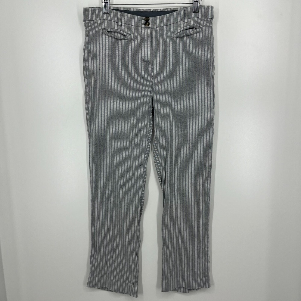 J. Jill Linen Stretch Grey White Striped Straight Leg Pants Womens Size 8